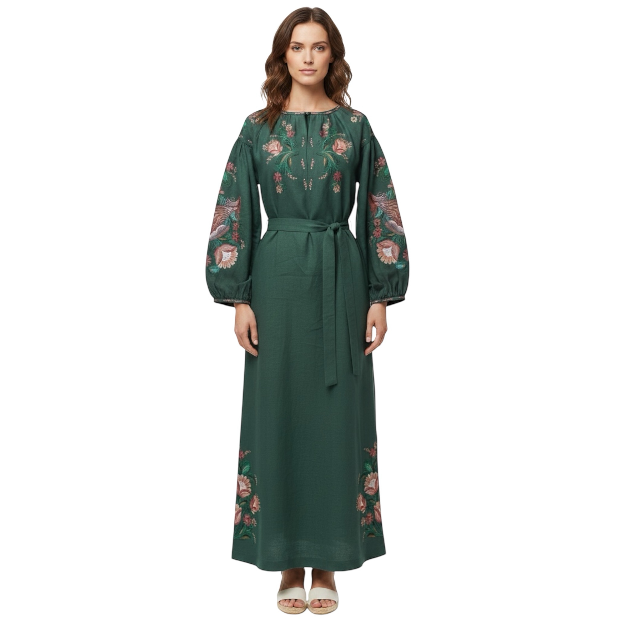 Embroidered Linen Dress for Women | Green Vyshyvanka with Petrykivka Floral Design