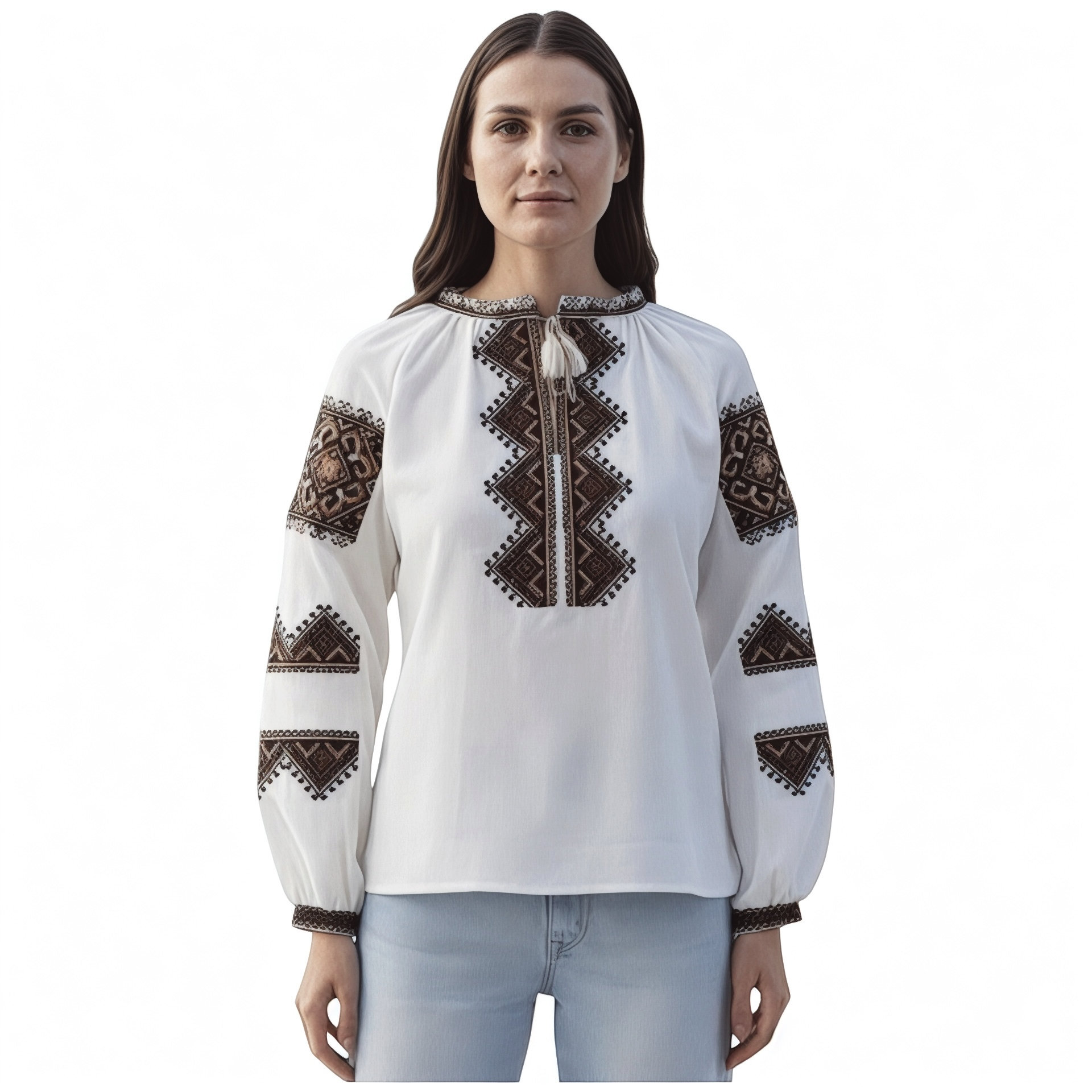 Women’s Brown Embroidered Linen Top | Traditional Ukrainian Folk Blouse