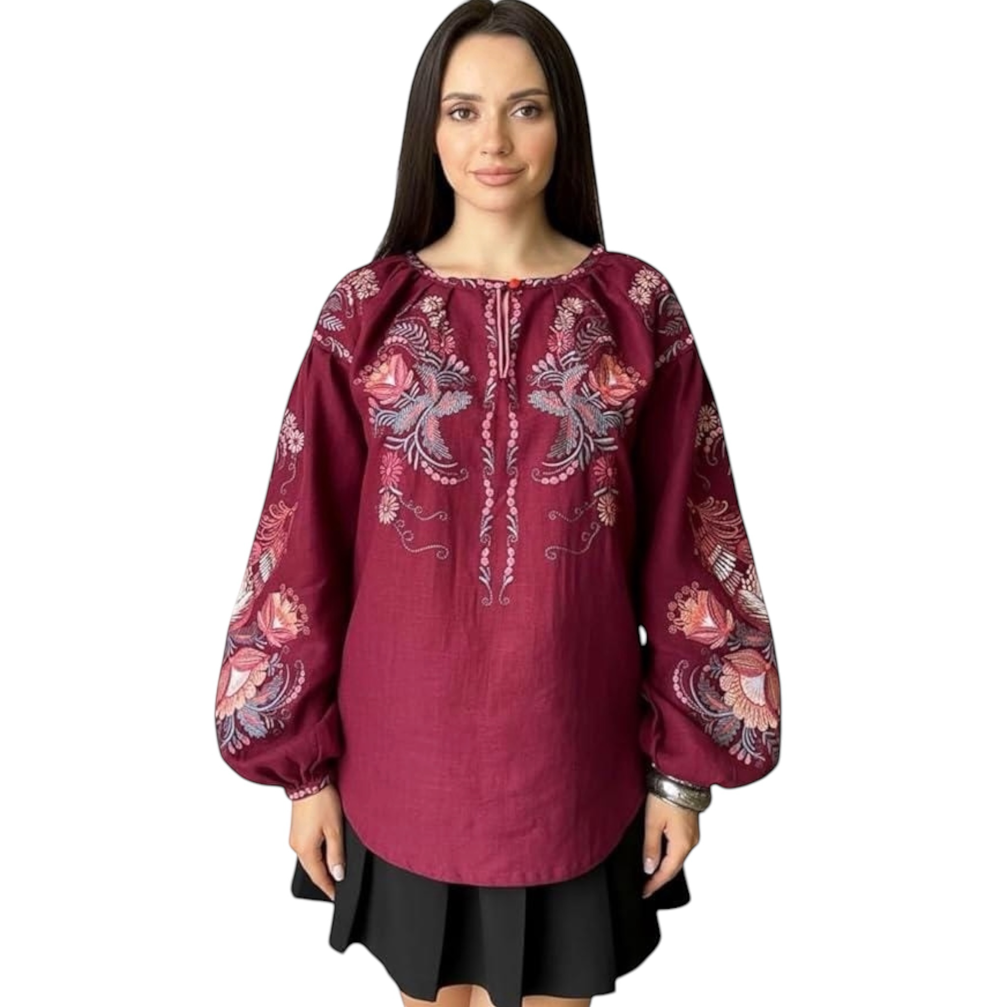 Burgundy Linen Vyshyvanka, Petrykivka Floral Boho Top, Ukrainian Embroidered Blouse, Folk Peasant Shirt