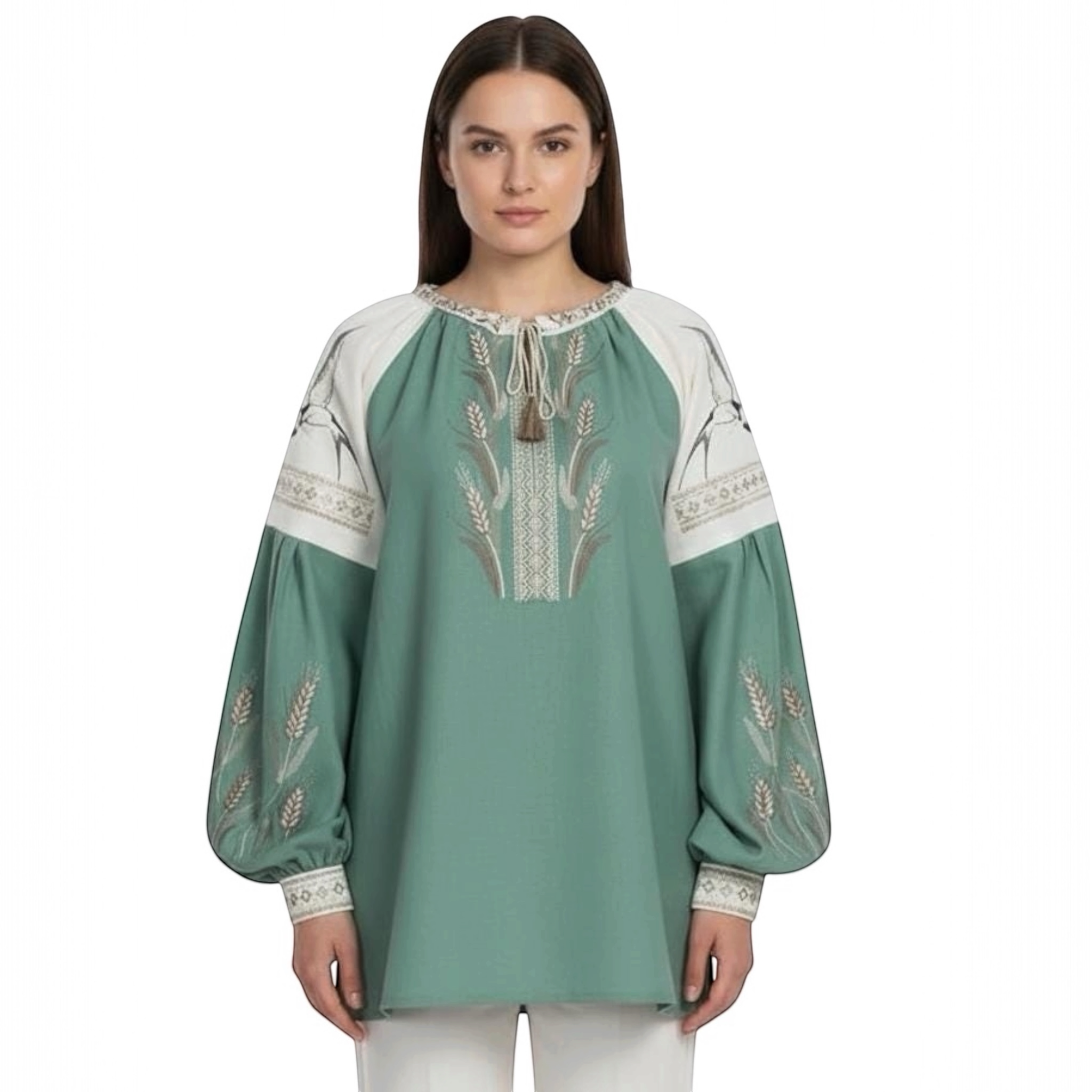 Mint Vyshyvanka Blouse – Handmade Embroidery Wheat and Swallows Folk Shirt