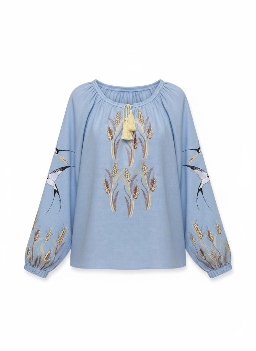 Blue Linen Vyshyvanka, Swallow Bird Embroidery, Wheat Ear Blouse, Ukrainian Boho Top, Spring Peace Symbol Gift