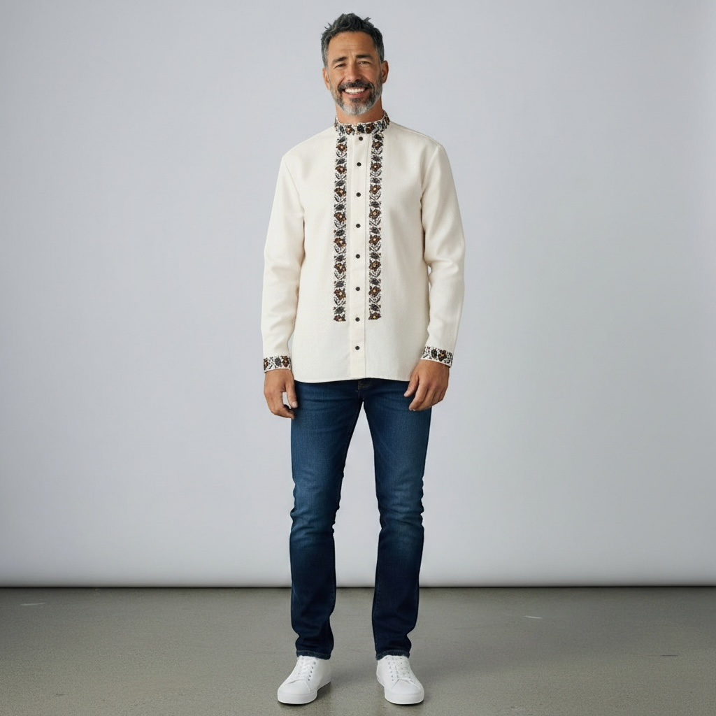 Men’s Ukrainian Embroidered Shirt | Beige Vyshyvanka | Traditional Podillia Pattern