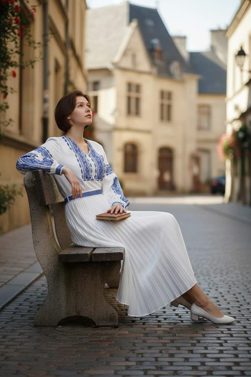 Blue Embroidered Vyshyvanka Dress – Pleated Midi