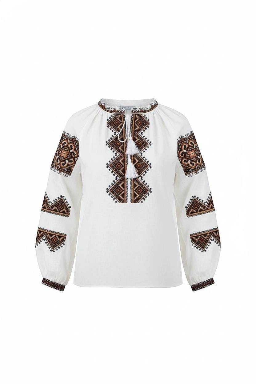 Women’s Brown Embroidered Linen Top | Traditional Ukrainian Folk Blouse