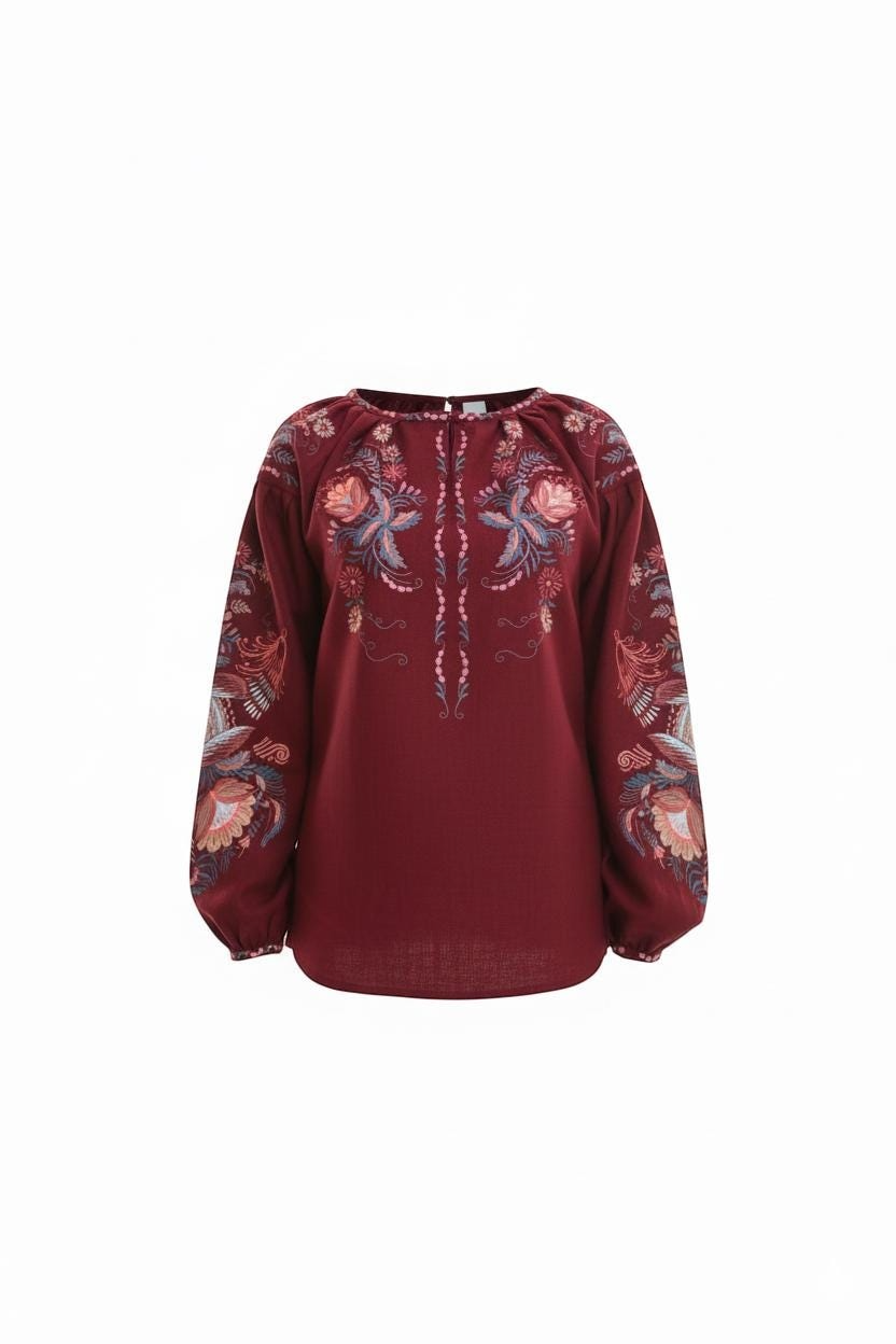 Burgundy Linen Vyshyvanka, Petrykivka Floral Boho Top, Ukrainian Embroidered Blouse, Folk Peasant Shirt