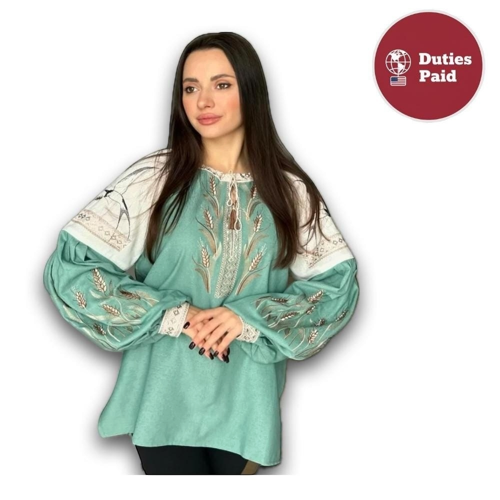 Mint Vyshyvanka Blouse – Handmade Embroidery Wheat and Swallows Folk Shirt