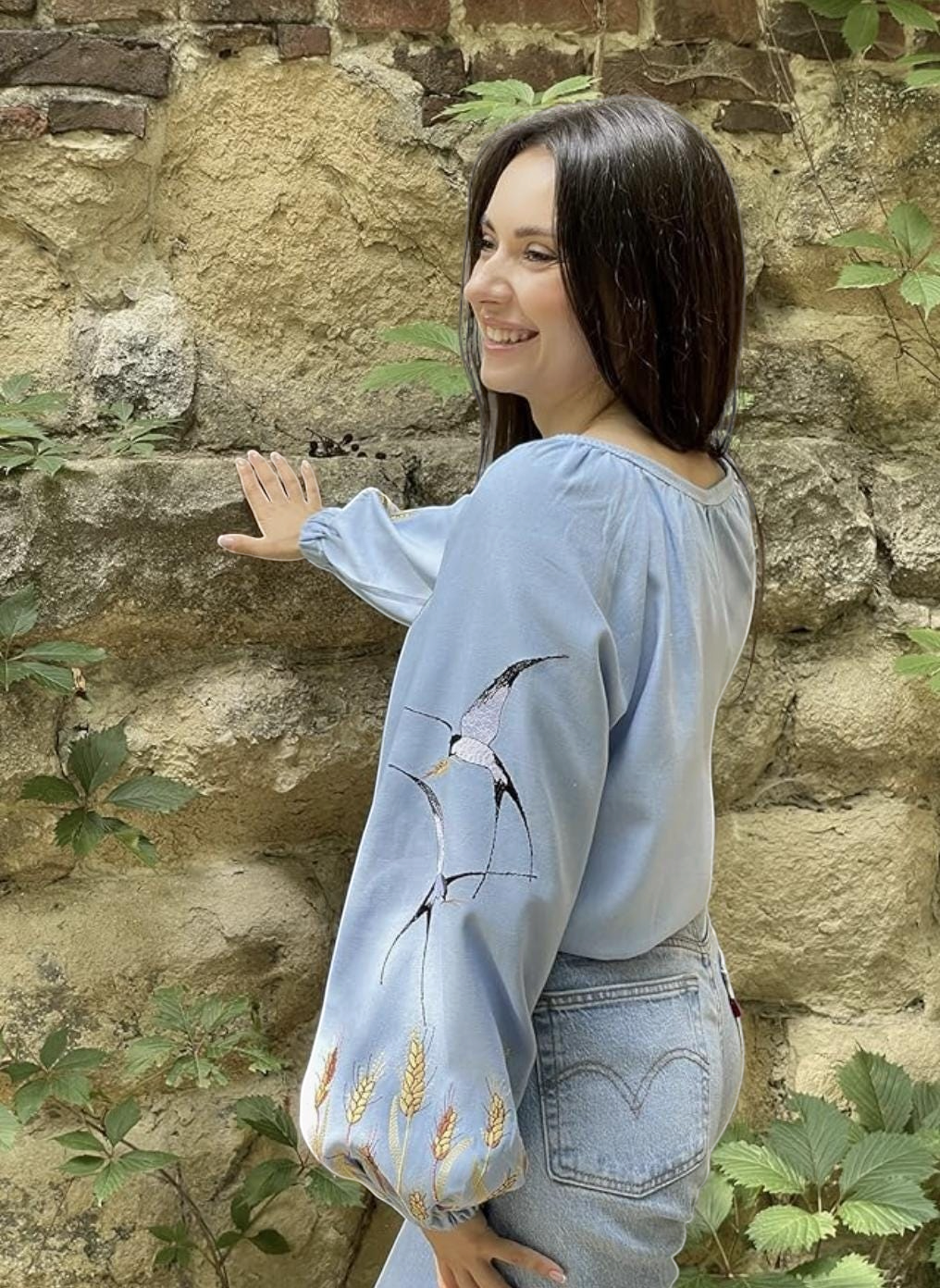 Custom Blue Linen Vyshyvanka – Bohemian Embroidered Blouse with Swallows and Wheat