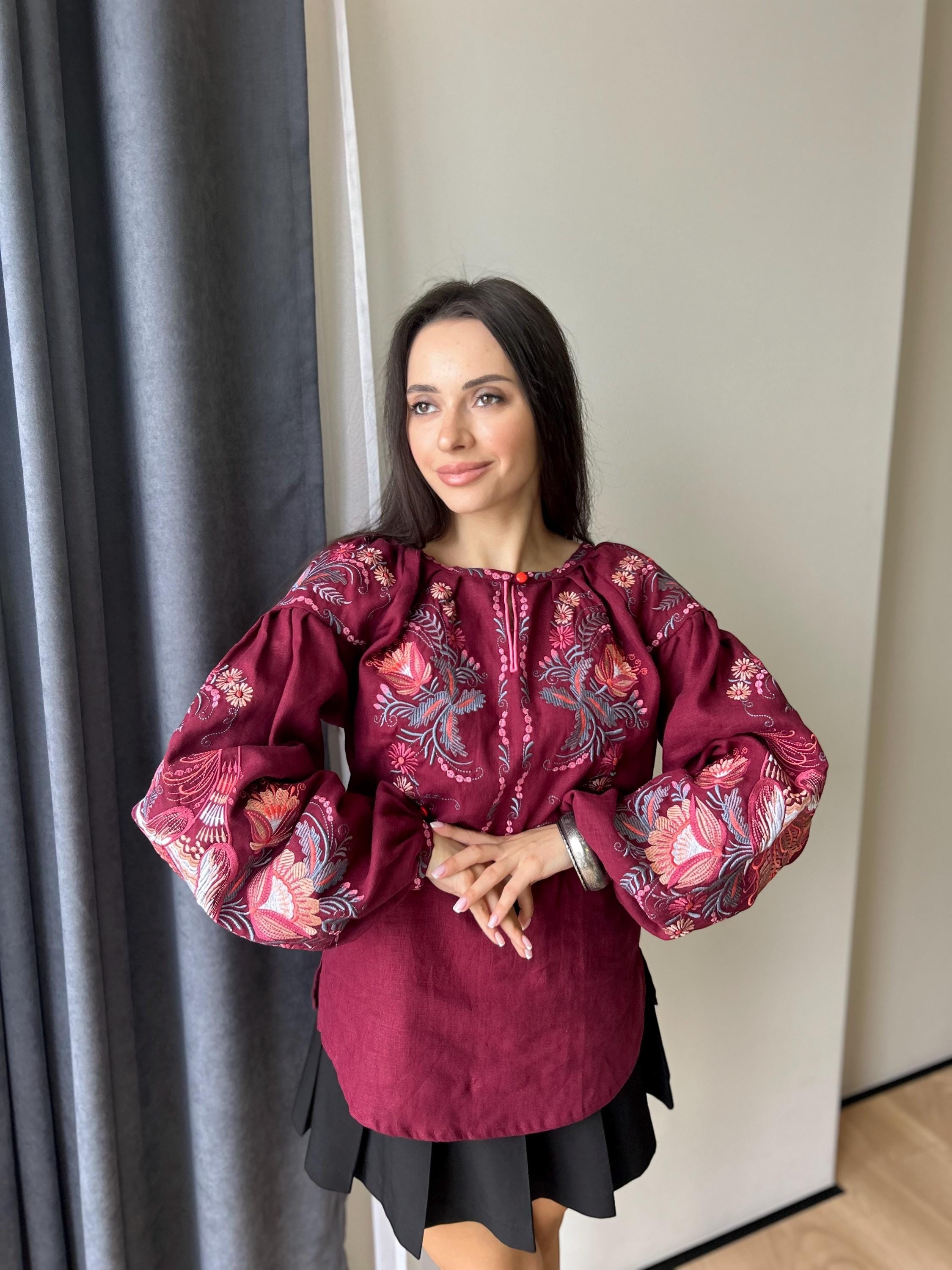 Burgundy Linen Vyshyvanka, Petrykivka Floral Boho Top, Ukrainian Embroidered Blouse, Folk Peasant Shirt