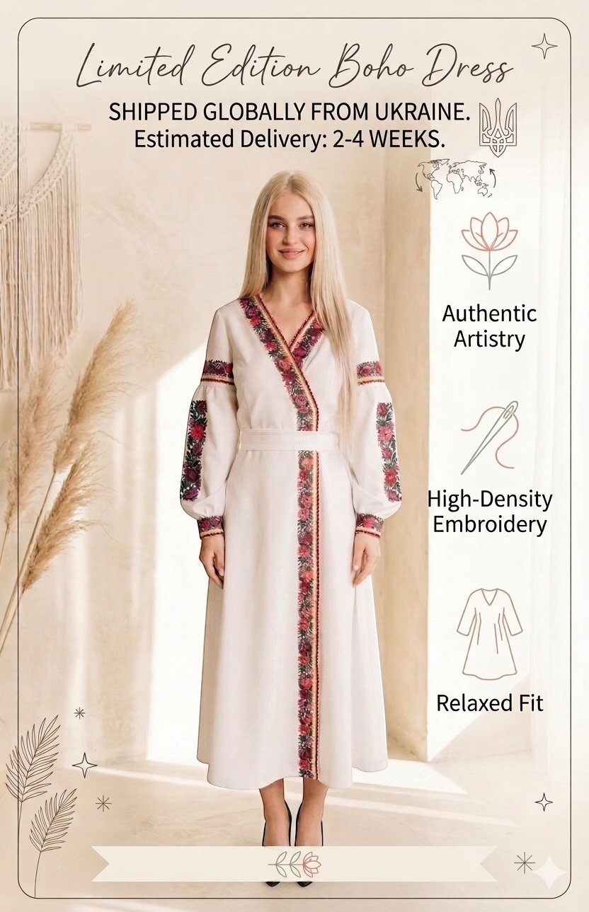 Ukrainian Embroidered Dress for Women | White Vyshyvanka with Bright Borshchiv Pattern | Wedding & Holiday Outfit