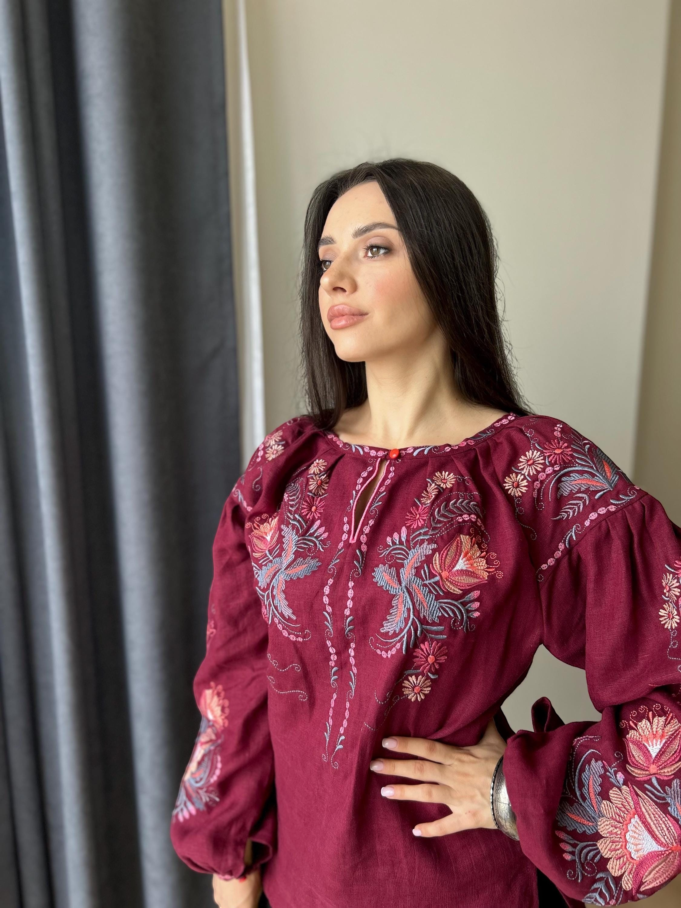 Burgundy Linen Vyshyvanka Blouse | Embroidered Ukrainian Shirt | Petrikivka Floral Embroidery