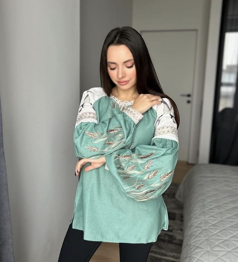 Mint Vyshyvanka Blouse – Handmade Embroidery Wheat and Swallows Folk Shirt