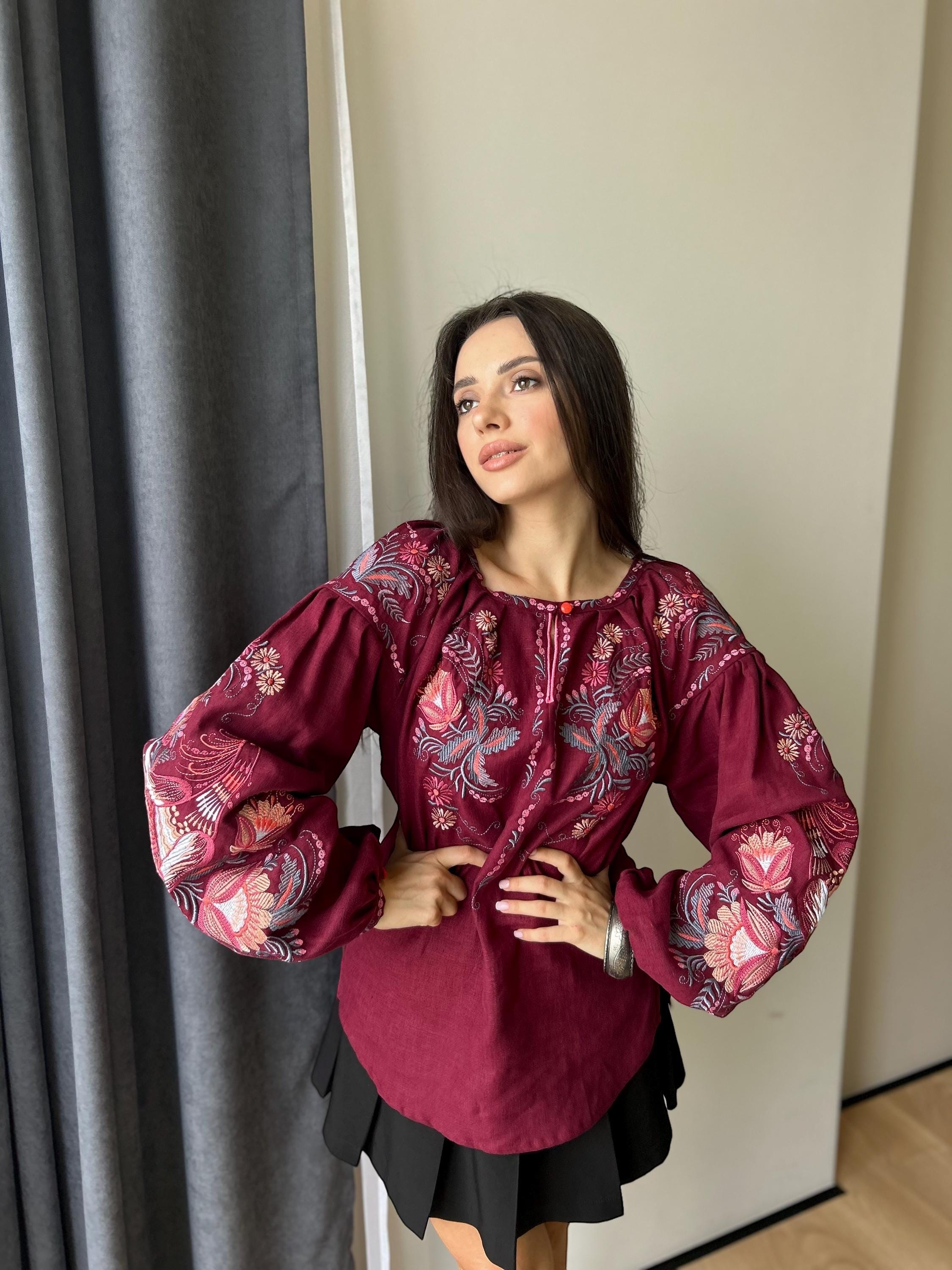 Burgundy Linen Vyshyvanka Blouse | Embroidered Ukrainian Shirt | Petrikivka Floral Embroidery