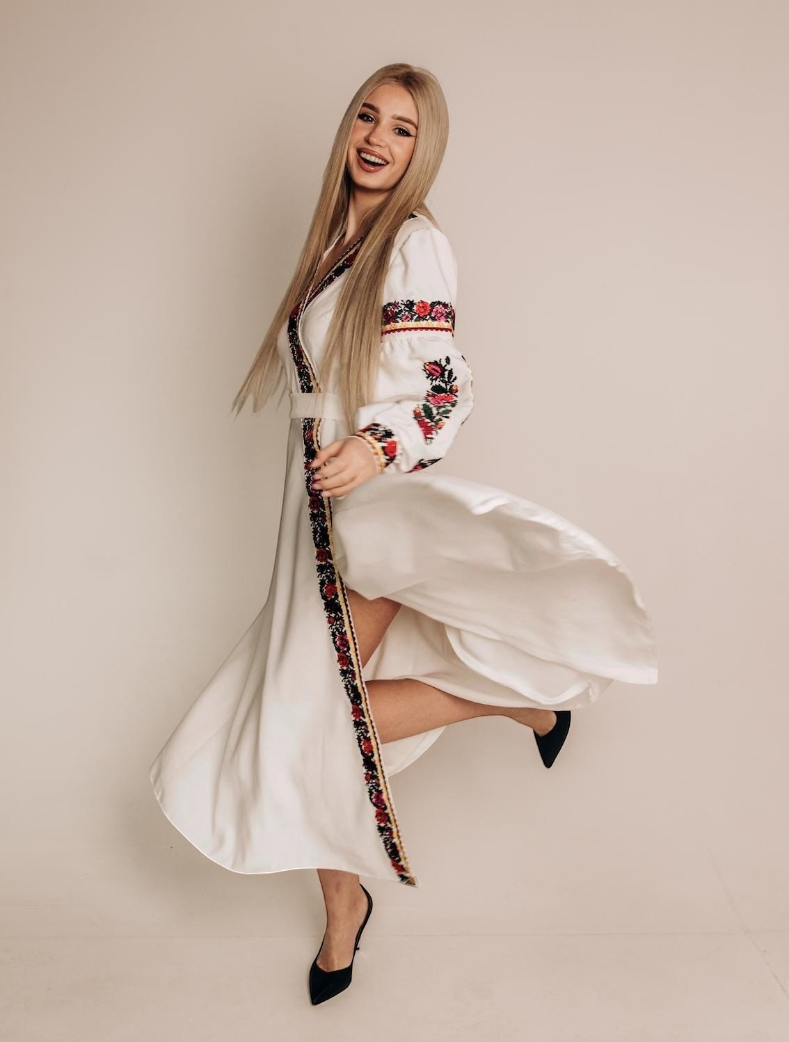 Ukrainian Embroidered Dress for Women | White Vyshyvanka with Bright Borshchiv Pattern | Wedding & Holiday Outfit