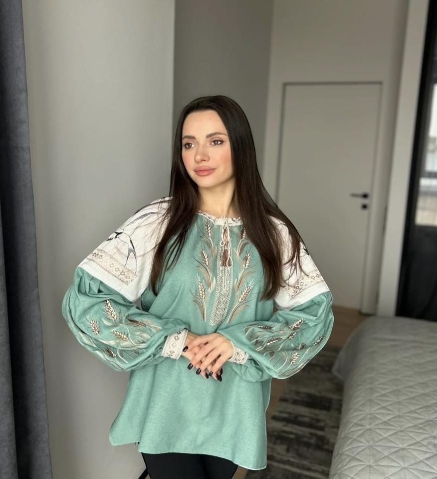 Mint Vyshyvanka Blouse – Handmade Embroidery Wheat and Swallows Folk Shirt