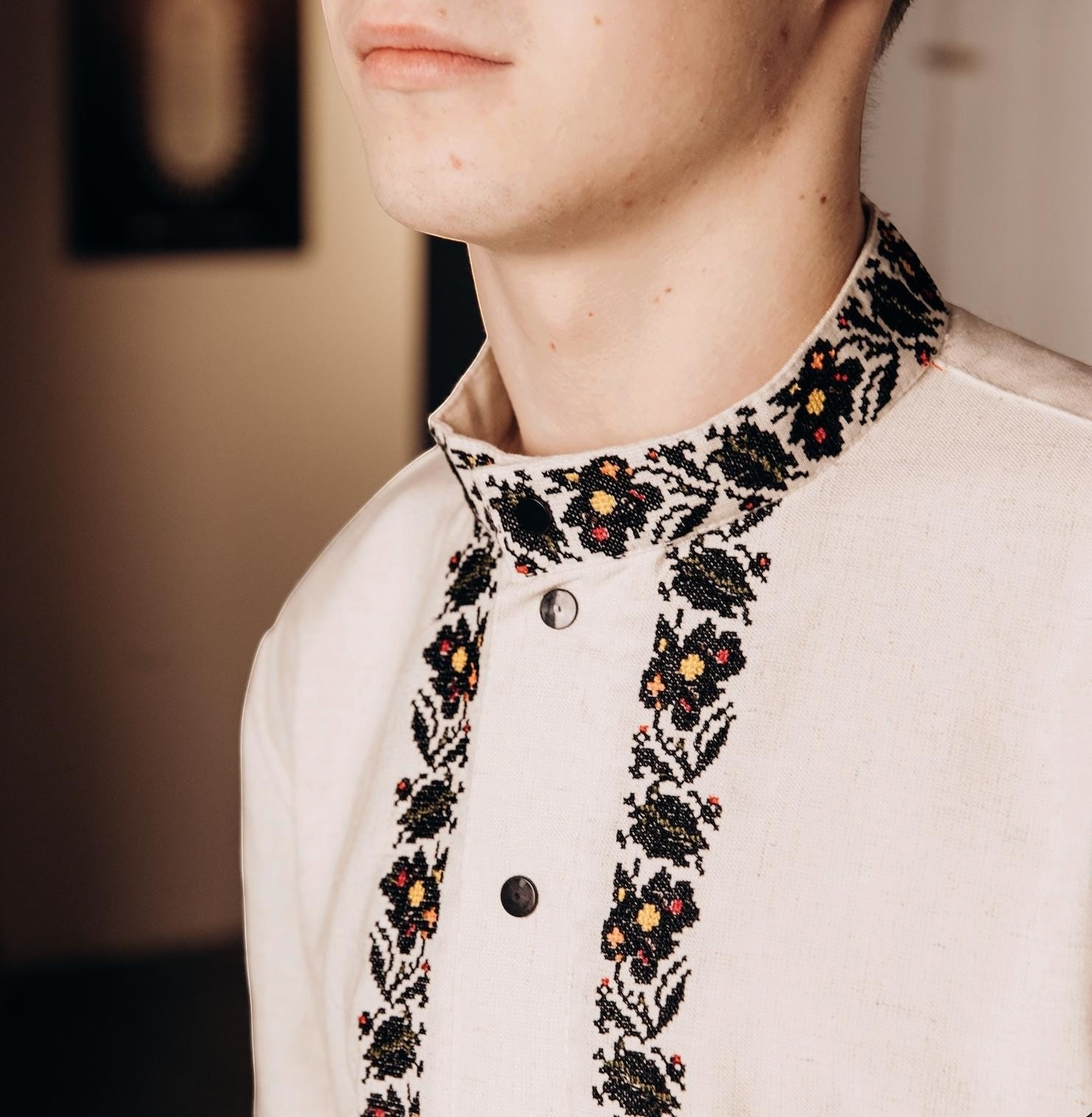 Men’s Ukrainian Embroidered Shirt | Beige Vyshyvanka | Traditional Podillia Pattern