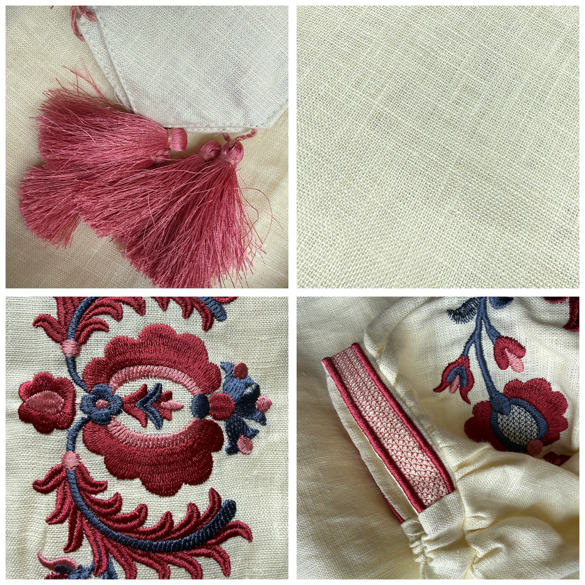 Cream Linen Floral Embroidery Dress