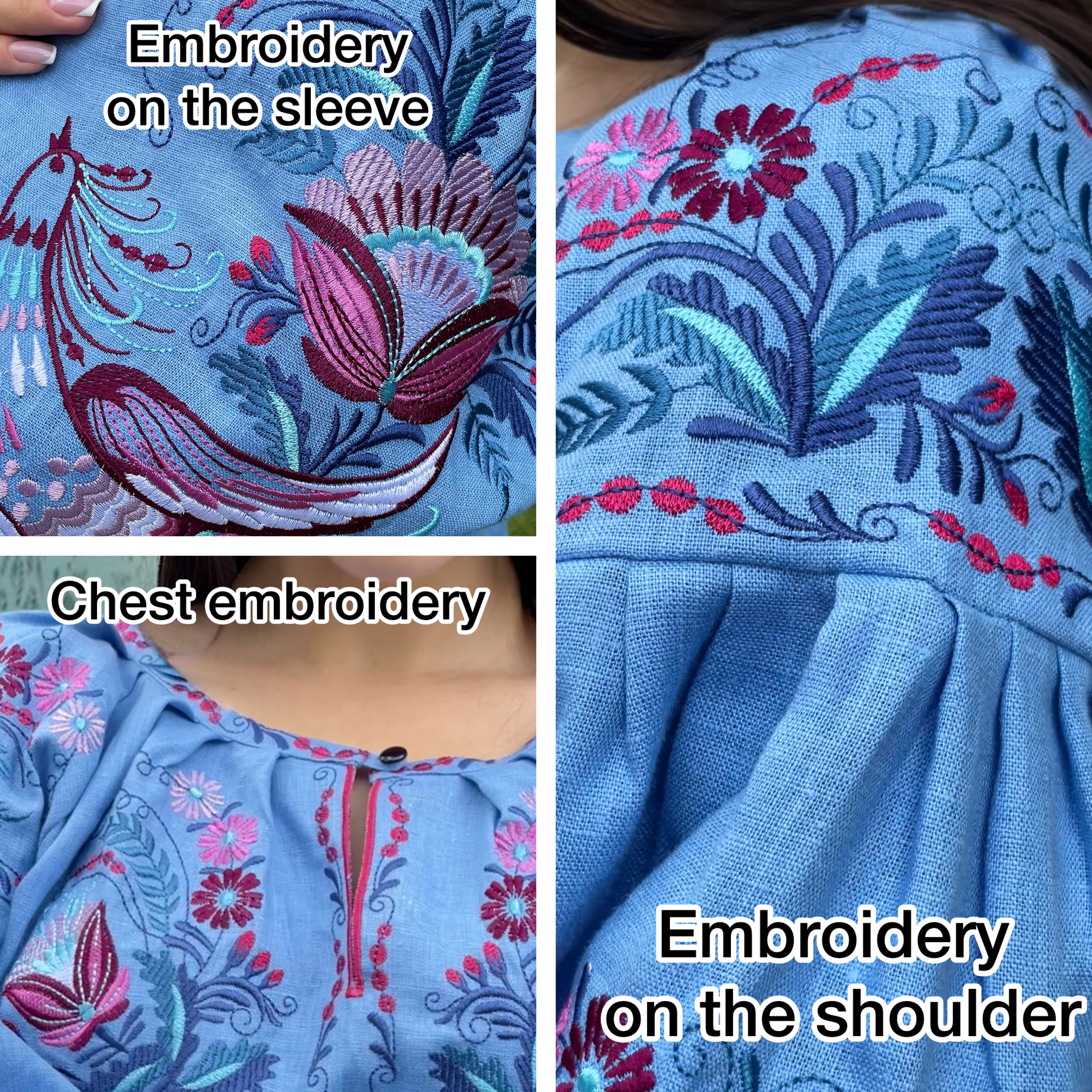 Blue Linen Vyshyvanka, Petrykivka Floral Boho Top, Ukrainian Embroidered Blouse, Folk Peasant Shirt,